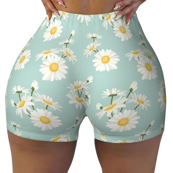Fotbe Floral Daisy Seamless Shorts, Womens Workout Shorts High Waist Stretch Booty Short for Gym/Yoga/Running/Biking-