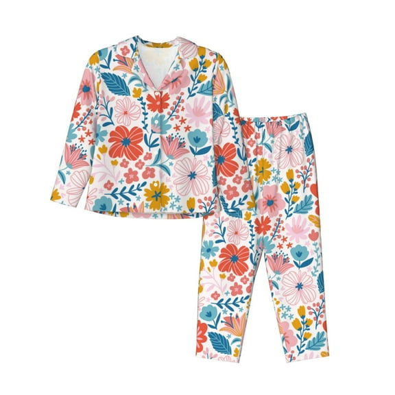 Fotbe Floral Ditsy Pattern Long Sleeve Pajama Set for Women,Sleepwear Set,2-piece Loungewear Set,Soft PJs Comfy Nightwear with Pockets -
