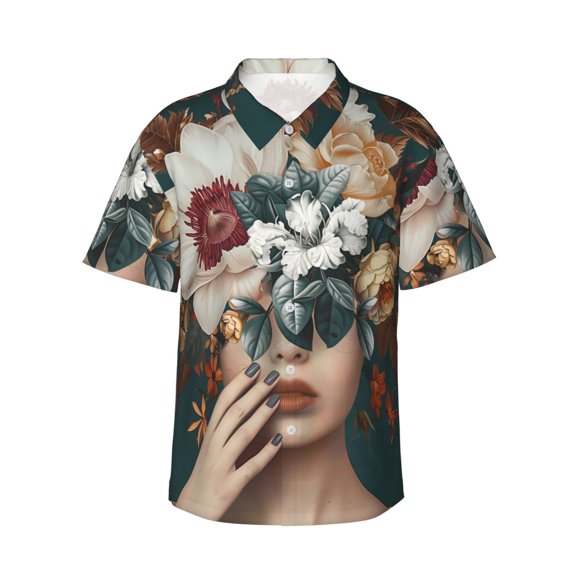 Fotbe Floral Head Dreamscape Hawaiian Shirt for Men Unisex Summer Beach Casual Short Sleeve Cotton Linen Button Down Shirts-Large