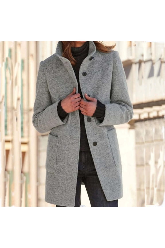 Women's Autumn Winter Vintage Solid Color Button Up Stand Collar Wool Coat Warm Sweatshirts for Women State Jacket Running Jacket Woman Jacket for Women Lightweight Women Windbreaker Jacket Womens