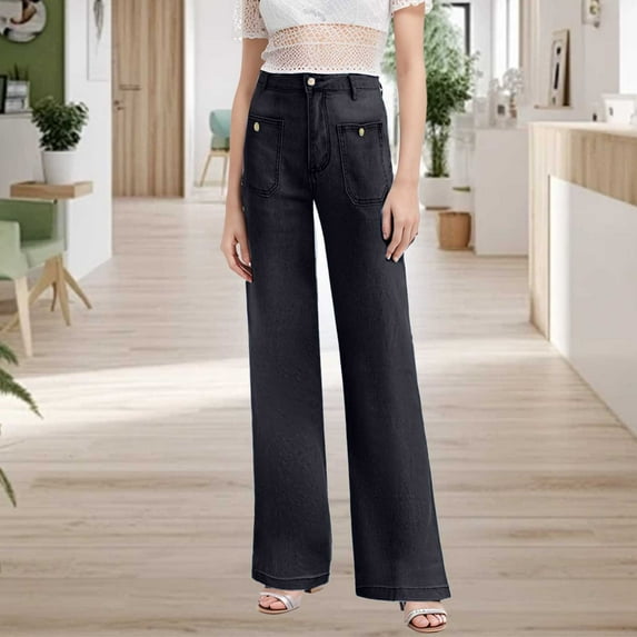 Women's New 2024 Loose Wide Leg Large Size Casual Washed Button Micro Horn Jeans Women's Casual Pants Womens Pants Casual Trouser Paper Bag Pants Elastic Women's Pants Suit Casual Womens Casual Pants
