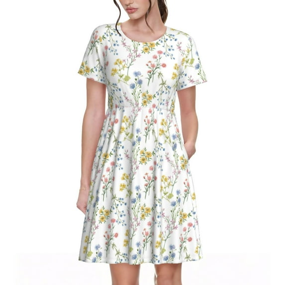 Fotbe Floral Pattern Dress Casual Womens Fashion Short Sleeve Maxi Dress T Shirt Dress Striped Long Color Block Maxi Dress