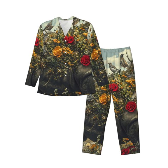 Fotbe Floral Rhino With Birds Pattern Long Sleeve Pajama Set for Men,Sleepwear Set,2-piece Loungewear Set,Soft PJs Comfy Nightwear with Pockets-Small