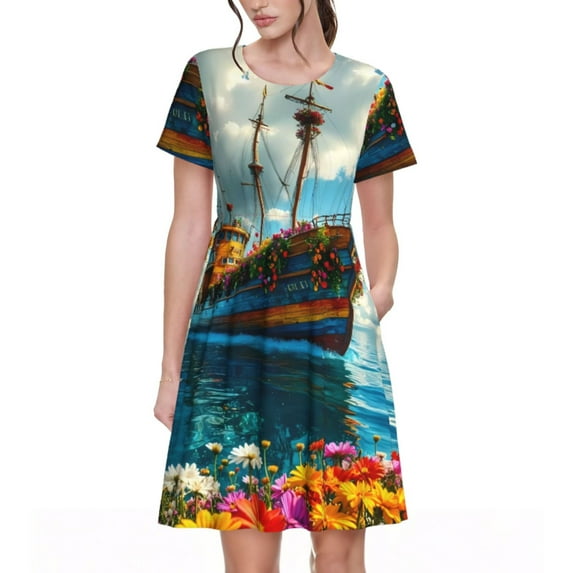 Fotbe Floral Ship On Ocean Pattern Dress Casual Womens Fashion Short Sleeve Maxi Dress T Shirt Dress Striped Long Color Block Maxi Dress