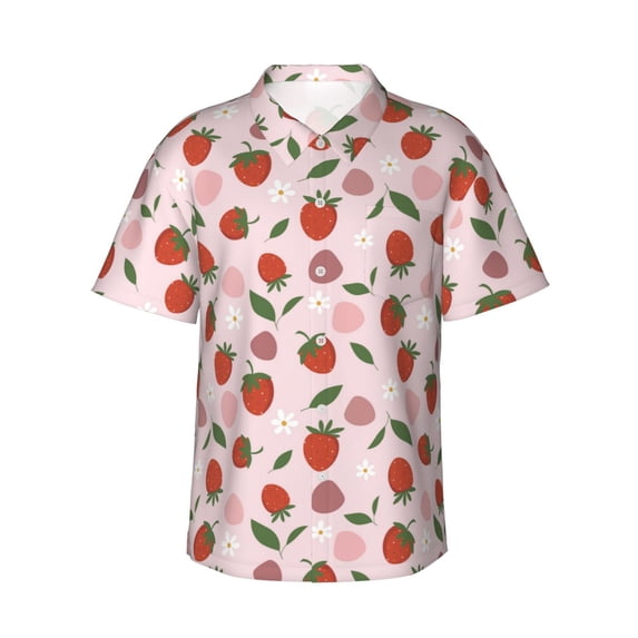 Fotbe Floral Strawberr Hawaiian Shirt for Men Unisex Summer Beach Casual Short Sleeve Cotton Linen Button Down Shirts-XX-Large