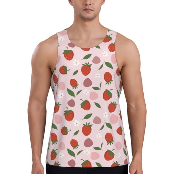 Fotbe Floral Strawberr Pattern Men's Quick Dry Workout Tank Top Gym Muscle Tee Fitness Bodybuilding Sleeveless T Shirt Breathable Workout Shirt-Small