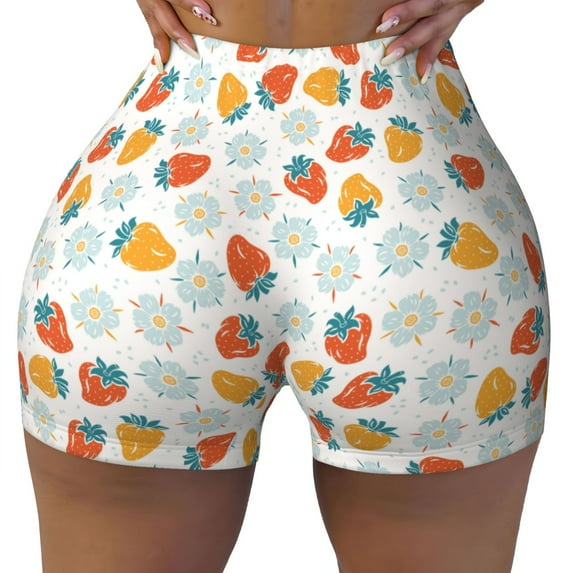 Fotbe Floral Strawberr Seamless Shorts, Womens Workout Shorts High Waist Stretch Booty Short for Gym/Yoga/Running/Biking-Small