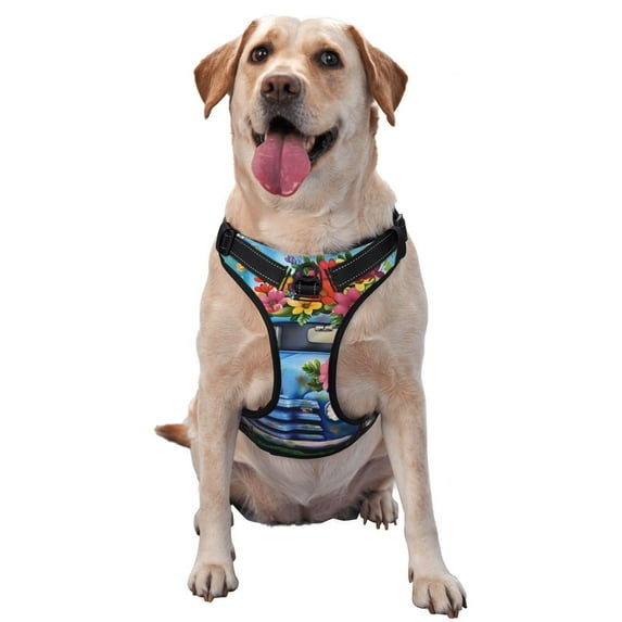Fotbe Floral Truck Welcome Pattern Dog Harness, No-Pull Pet Harness with 2 Leash Clips, Adjustable Soft Padded Dog Vest with Easy Control Handle for Large Dogs-Medium