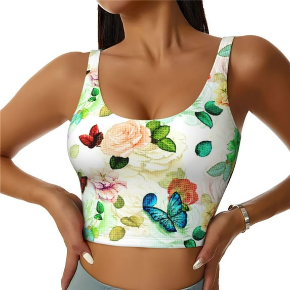 Fotbe Floral Vintage Pattern Womens' Sports Bra Longline Wirefree Padded with Medium Support Sports Moisture-Wicking Workou Vest,Tank Top-