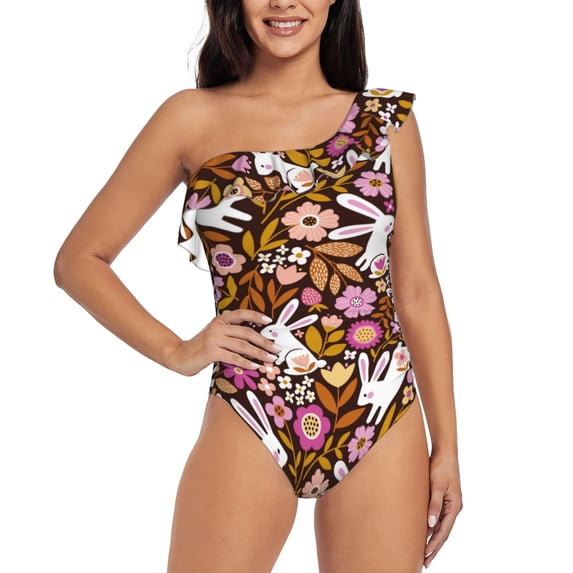 Fotbe Flower Bunny Women's One Piece Swimsuits One Shoulder Swimwear Ruched Tummy Control Bathing Suits Cutout Monokini-XX-Large