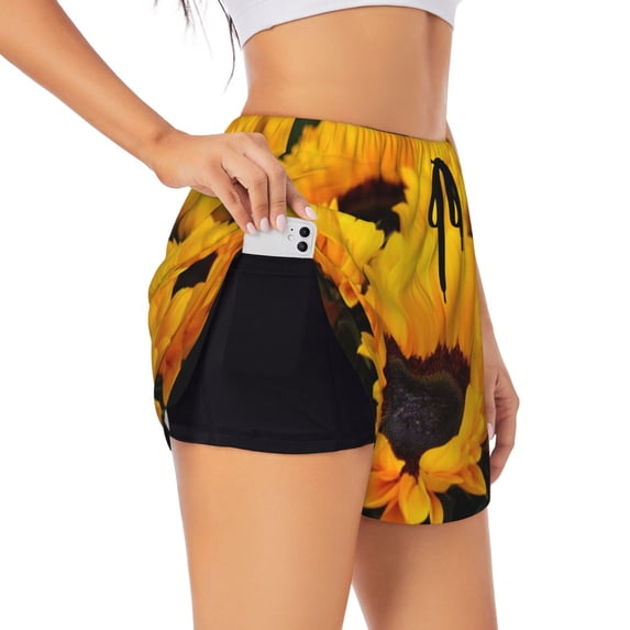 Fotbe Flower Bush Sunflower Womens High Waist Running Shorts Athletic Workout Quick Dry Shorts for Women with Pockets Gym Yoga Summer Shorts-XX-Large