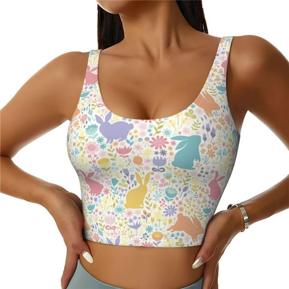 Fotbe Flower Color Rabbit Pattern Womens' Sports Bra Longline Wirefree Padded with Medium Support Sports Moisture-Wicking Workou Vest,Tank Top-XX-Large