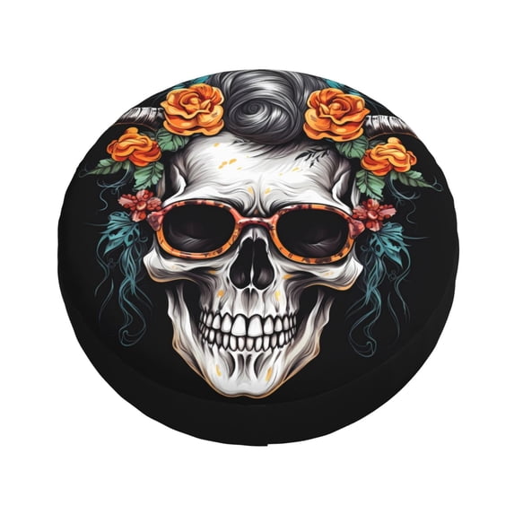 Fotbe Flower Horn Skull A Spare Tire Cover Thickening Universal Fit for Jeep, Trailer, RV, SUV, Truck, Tough Tire Wheel Soft Cover-14 inch