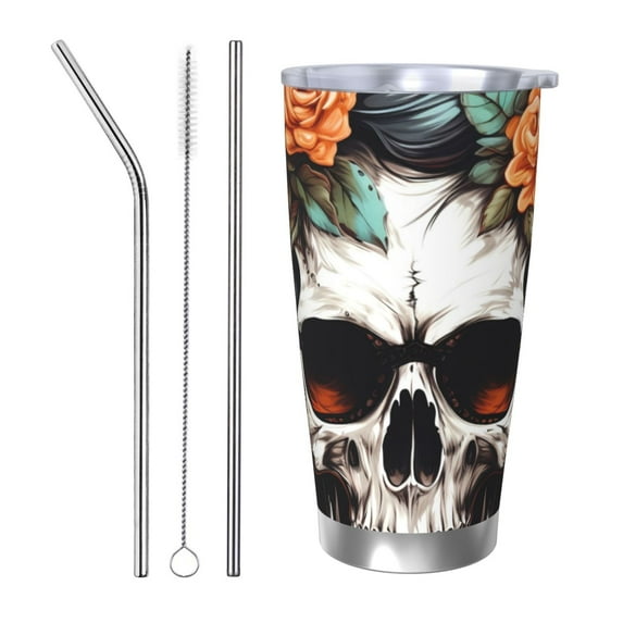 Fotbe Flower Horn Skull Pattern 20 oz Tumbler Stainless Steel Vacuum Insulated Coffee Ice Cup Double Wall Travel Flask Leak-proof Coffee Cup-Straw Three-piece Set