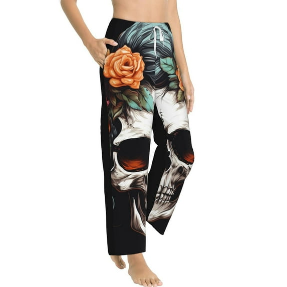 Fotbe Flower Horn Skull Women's Pajama Pants,Sleepwear Pants,Pj Bottoms Drawstring And Pockets-Medium