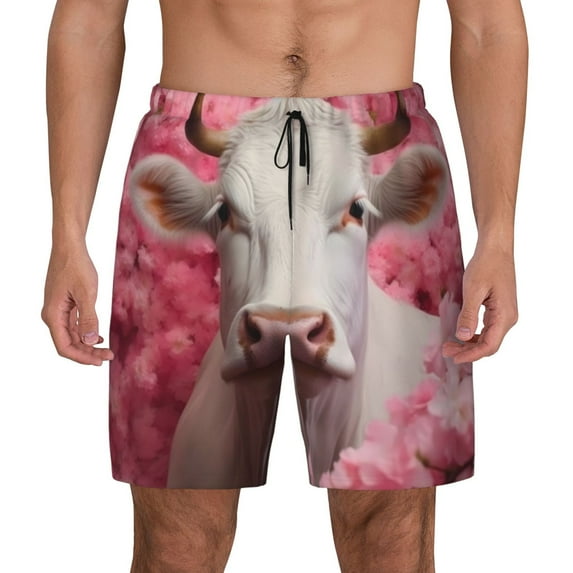 Fotbe Flower White Cow Men’s Swim Trunks Quick Dry Swim Shorts Board Shorts with Mesh Lining-Large