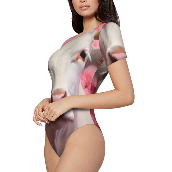 Fotbe Flower White Cow Women's Crew Neck Short Sleeves Bodysuit Tops Round Neck Slim Sleeveless Soft Comfortable Basic-X-Large