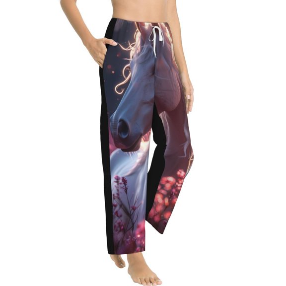 Fotbe Flower White Horse Women's Pajama Pants,Sleepwear Pants,Pj Bottoms Drawstring And Pockets-Small