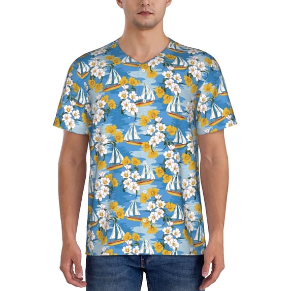 Fotbe Flower and Sail Boat Baseball Jersey Shirt for Men and Women, Casual Short Sleeves Button Down T-Shirt-X-Large