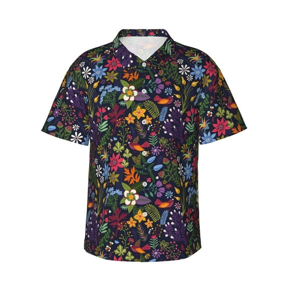 Fotbe Flowers And Birds Hawaiian Shirt for Men Unisex Summer Beach Casual Short Sleeve Cotton Linen Button Down Shirts-Small