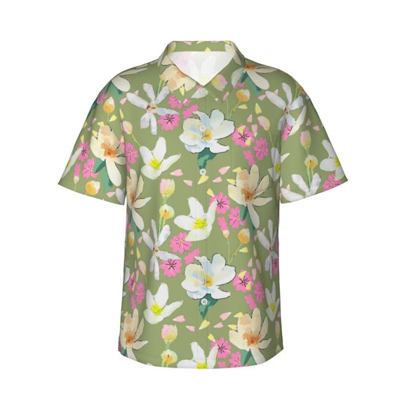 Fotbe Flowers And Buds Hawaiian Shirt for Men Unisex Summer Beach Casual Short Sleeve Cotton Linen Button Down Shirts-XX-Large