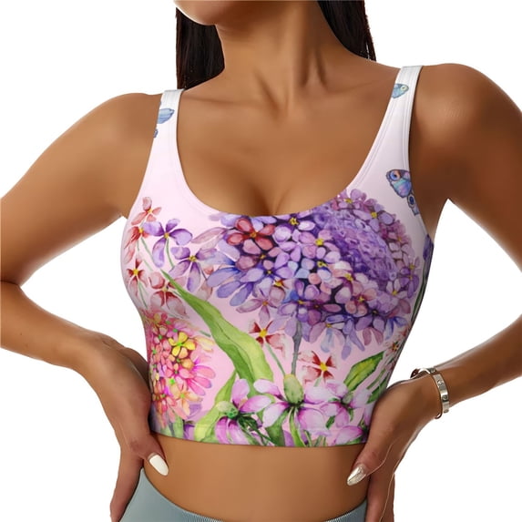 Fotbe Flowers And Colorful Butterflies Pattern Womens' Sports Bra Longline Wirefree Padded with Medium Support Sports Moisture-Wicking Workou Vest,Tank Top-Medium