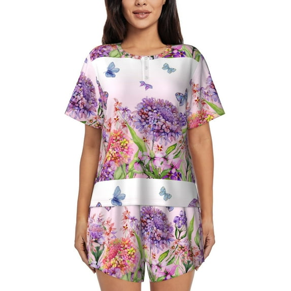 Fotbe Flowers And Colorful Butterflies Print Pajama Set for Women 2 Piece Loungewear Short Sleeve Tops and Shorts Set Soft Sleepwear-Large