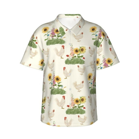Fotbe Flowers And Hens Hawaiian Shirt for Men Unisex Summer Beach Casual Short Sleeve Cotton Linen Button Down Shirts-XX-Large