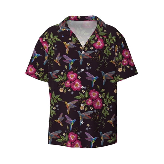 Fotbe Flowers And Humming Bird1 print Short Sleeve Button Down Shirts for Men Casual Summer Beach Wrinkle Free Shirt-Small
