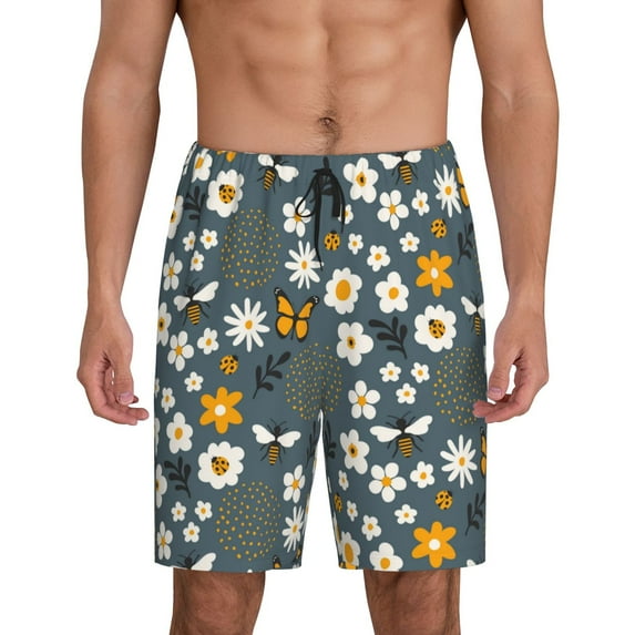 Fotbe Flowers and Bee Pajama Shorts for Men, Men's Pajama Bottoms, Sleepwear,Short Pajama Pants-4X-Large
