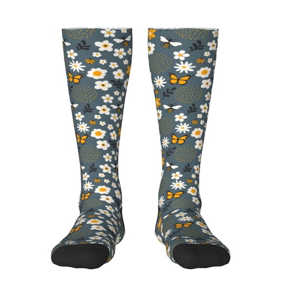 Fotbe Flowers and Bee print Women's Men's Novelty Crew Socks Cotton Socks Knee High Socks for Walking,Running,Nurses,Pregnancy