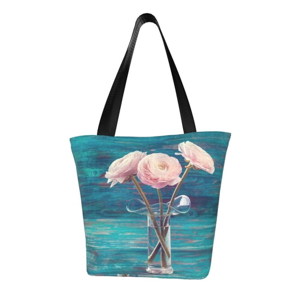 Fotbe Flowers in Glass Vase Pattern Beach Tote,Shoulder Handbag,Spacious Tote Bag,Lightweight Travel Bag,Versatile Shopping Bag