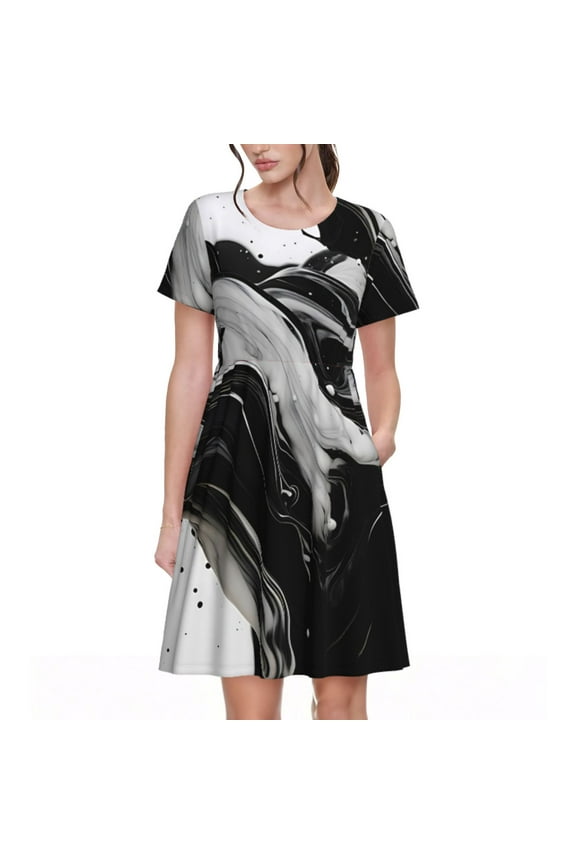 Fluid Black White Paint Swirls Pattern Dress Casual Womens Fashion Short Sleeve Maxi Dress T Shirt Dress Striped Long Color Block Maxi Dress