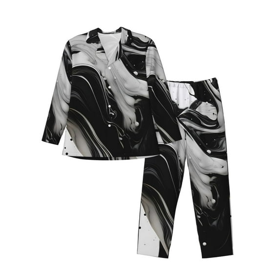 Fotbe Fluid Black White Paint Swirls Pattern Long Sleeve Pajama Set for Men,Sleepwear Set,2-piece Loungewear Set,Soft PJs Comfy Nightwear with Pockets-XX-Large