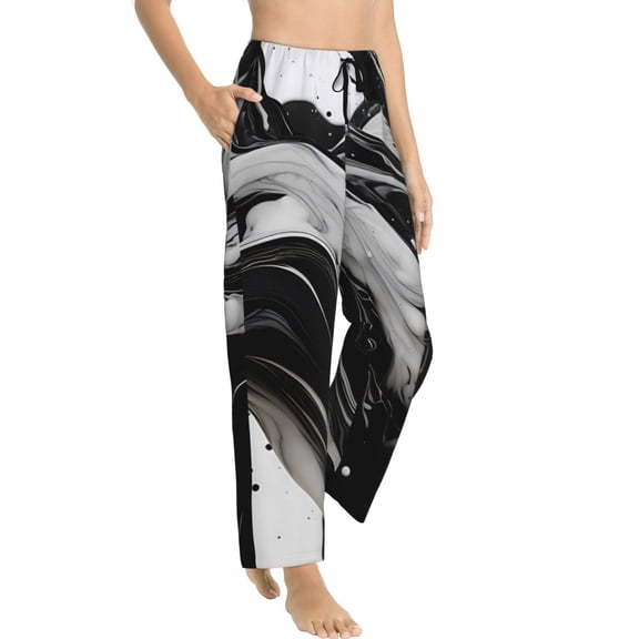 Fotbe Fluid Black White Paint Swirls Women's Pajama Pants,Sleepwear Pants,Pj Bottoms Drawstring And Pockets-
