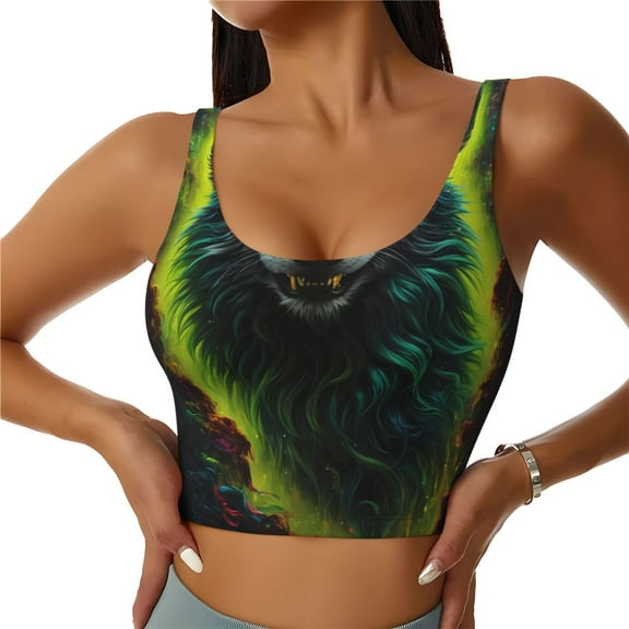 Fotbe Fluorescent Wolf Pattern Womens' Sports Bra Longline Wirefree Padded with Medium Support Sports Moisture-Wicking Workou Vest,Tank Top-Medium