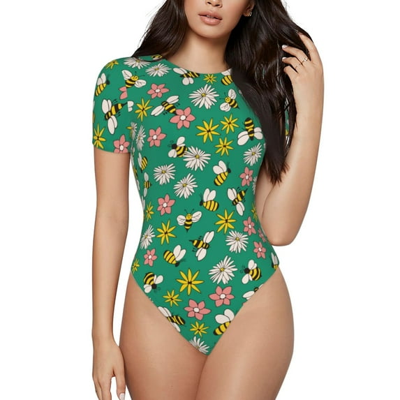 Fotbe Flying Bees Women's Crew Neck Short Sleeves Bodysuit Tops Round Neck Slim Sleeveless Soft Comfortable Basic-Medium