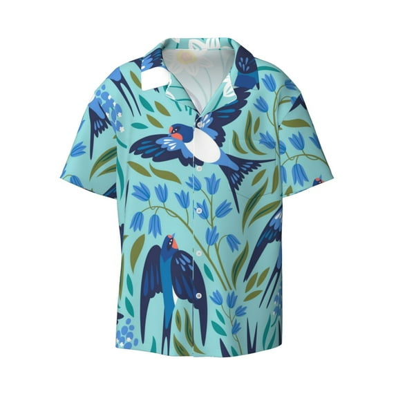 Fotbe Flying Swallows print Short Sleeve Button Down Shirts for Men Casual Summer Beach Wrinkle Free Shirt-XX-Large