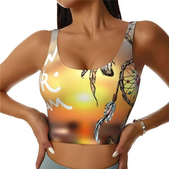 Fotbe Follow Your Dream Dreamcatcher Pattern Womens' Sports Bra Longline Wirefree Padded with Medium Support Sports Moisture-Wicking Workou Vest,Tank Top-Large