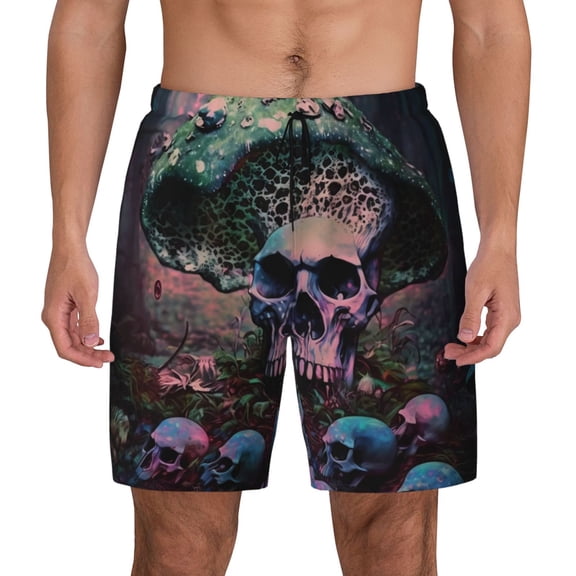 Fotbe Forest Mushroom Skull Men’s Swim Trunks Quick Dry Swim Shorts Board Shorts with Mesh Lining-Small