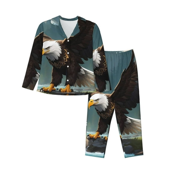 Fotbe Forest River Bald Eagle Pattern Long Sleeve Pajama Set for Women,Sleepwear Set,2-piece Loungewear Set,Soft PJs Comfy Nightwear with Pockets -X-Large