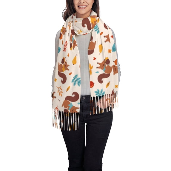 Fotbe Forest Squirrel Nuts Print Womens Fall Winter Scarf Tassel Soft Warm Blanket Scarves Womens Shawl Wraps