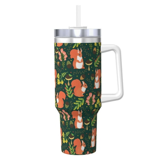 Fotbe Forest Squirrel Pattern 40oz Ice Bully With Handle And Straw Stainless Steel Vacuum Insulated Cup And 2 In 1 Straw Lid