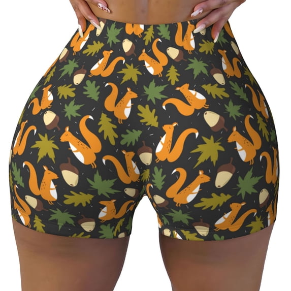 Fotbe Forest Squirrel Seamless Shorts, Womens Workout Shorts High Waist Stretch Booty Short for Gym/Yoga/Running/Biking-Large