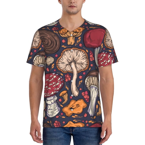 Fotbe Forest Wild Mushroom Baseball Jersey Shirt for Men and Women, Casual Short Sleeves Button Down T-Shirt-XX-Large