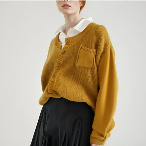 Women's Drop Shoulder Long Sleeve Cardigan Sweater Button Up Pocket Front Cardigans Lightweight Knit Tops Lightweight Cardigan for Women plus Size Comfy Knit Cardigan Wool Short Sweater Summer