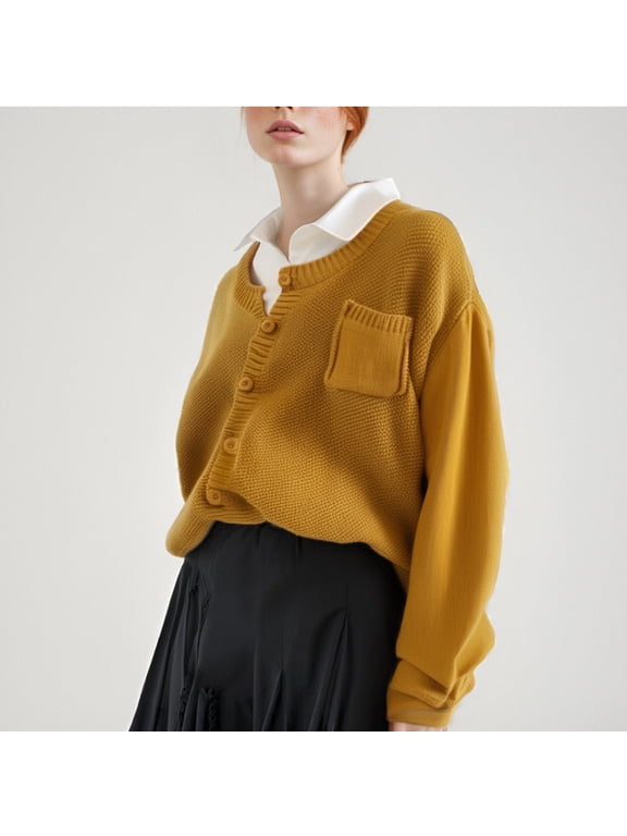 Women's Drop Shoulder Long Sleeve Cardigan Sweater Button Up Pocket Front Cardigans Lightweight Knit Tops Lightweight Cardigan for Women plus Size Comfy Knit Cardigan Wool Short Sweater Summer