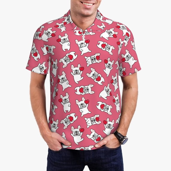 Fotbe French Bulldog Pattern Men’s Golf Polo Shirt – Breathable Performance Golf Shirt with Button-Down Collar-Medium