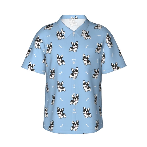 Fotbe French Bulldog Puppy Hawaiian Shirt for Men Unisex Summer Beach Casual Short Sleeve Cotton Linen Button Down Shirts-XX-Large