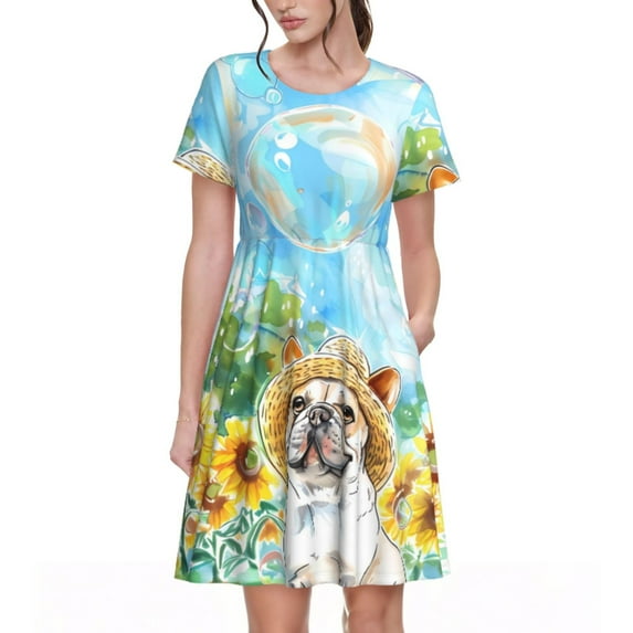 Fotbe French Bulldog Sunflowers Bubbles Pattern Dress Casual Womens Fashion Short Sleeve Maxi Dress T Shirt Dress Striped Long Color Block Maxi Dress
